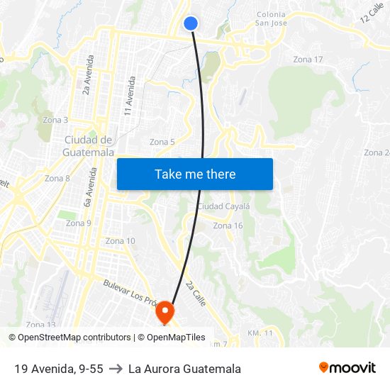 19 Avenida, 9-55 to La Aurora Guatemala map