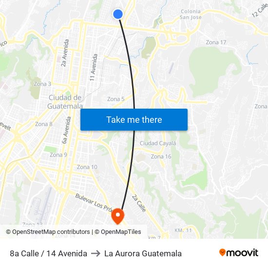 8a Calle / 14 Avenida to La Aurora Guatemala map