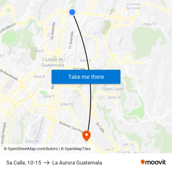 5a Calle, 10-15 to La Aurora Guatemala map
