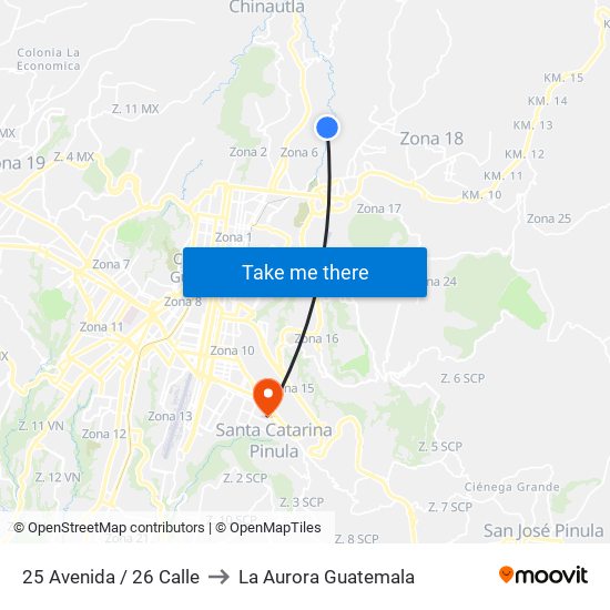 25 Avenida / 26 Calle to La Aurora Guatemala map