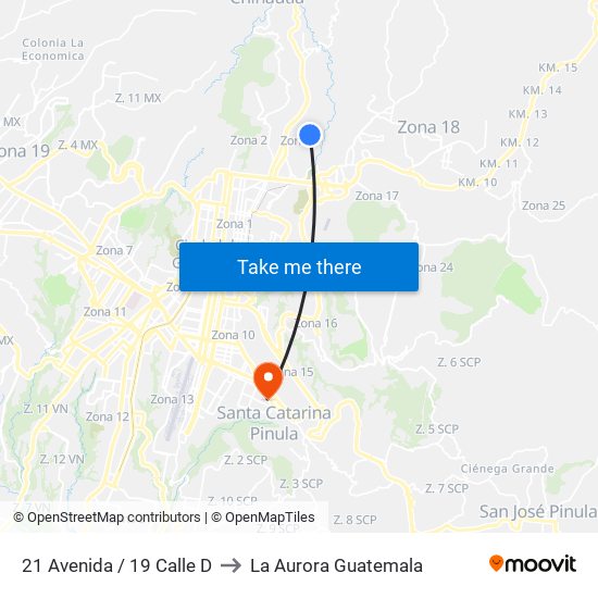 21 Avenida / 19 Calle D to La Aurora Guatemala map