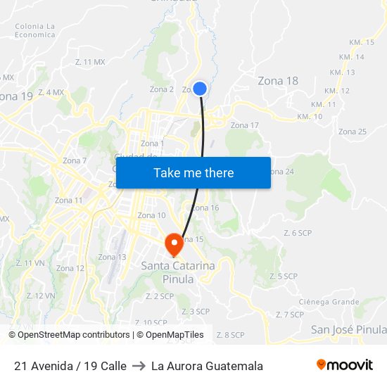 21 Avenida / 19 Calle to La Aurora Guatemala map