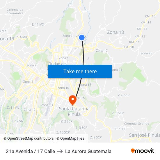 21a Avenida / 17 Calle to La Aurora Guatemala map