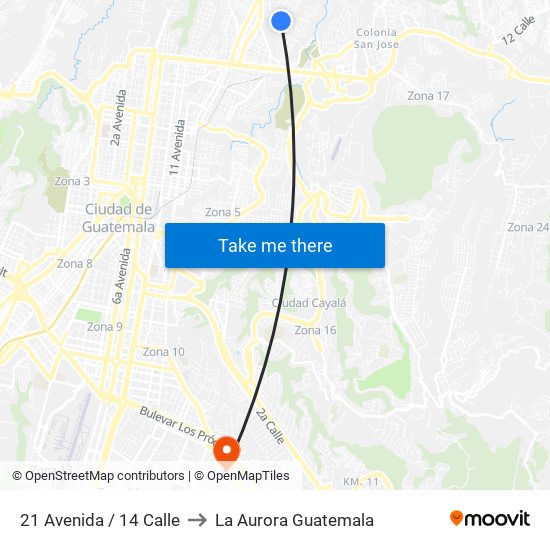 21 Avenida / 14 Calle to La Aurora Guatemala map