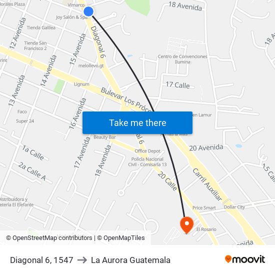 Diagonal 6, 1547 to La Aurora Guatemala map