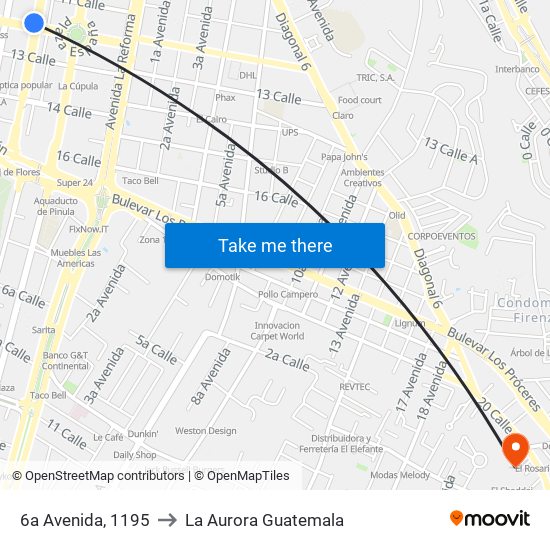 6a Avenida, 1195 to La Aurora Guatemala map