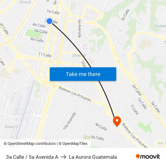3a Calle / 5a Avenida A to La Aurora Guatemala map