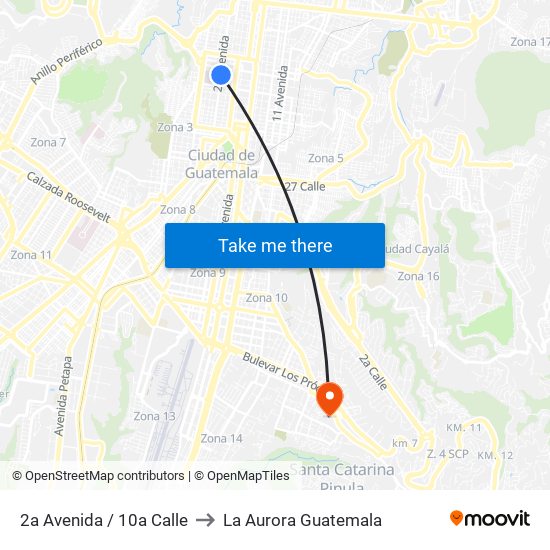 2a Avenida / 10a Calle to La Aurora Guatemala map