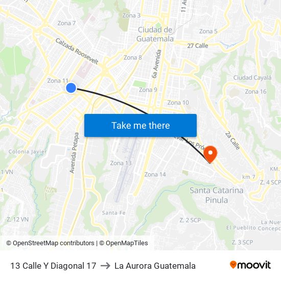 13 Calle Y Diagonal 17 to La Aurora Guatemala map