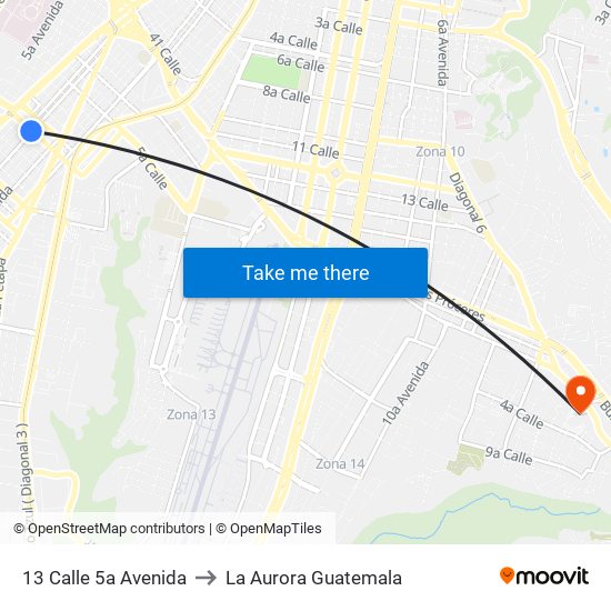 13 Calle 5a Avenida to La Aurora Guatemala map