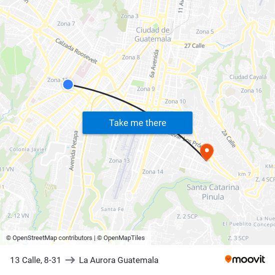 13 Calle, 8-31 to La Aurora Guatemala map