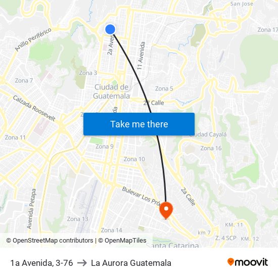 1a Avenida, 3-76 to La Aurora Guatemala map