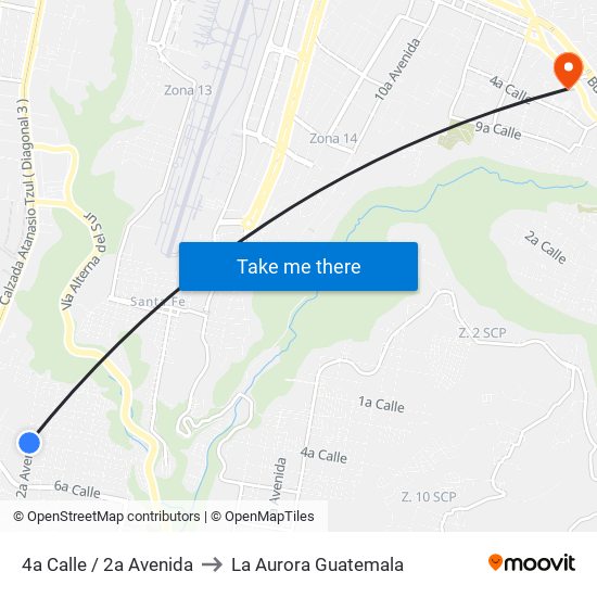 4a Calle / 2a Avenida to La Aurora Guatemala map