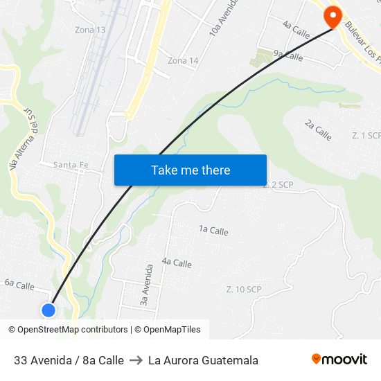 33 Avenida / 8a Calle to La Aurora Guatemala map