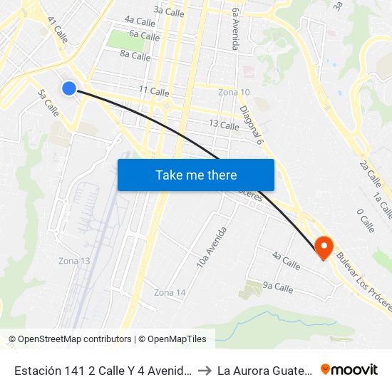 Estación 141 2 Calle Y 4 Avenida Z. 13 to La Aurora Guatemala map