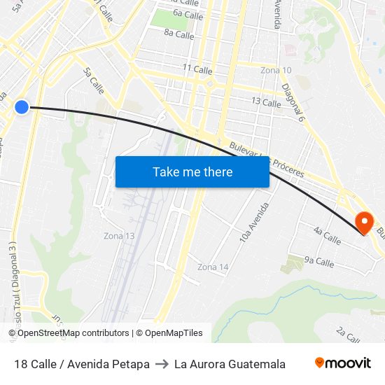 18 Calle / Avenida Petapa to La Aurora Guatemala map