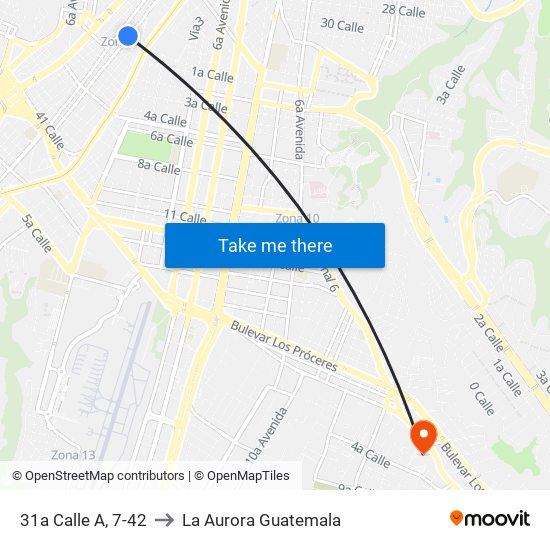 31a Calle A, 7-42 to La Aurora Guatemala map