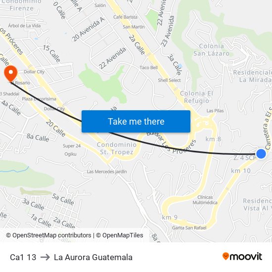 Ca1 13 to La Aurora Guatemala map