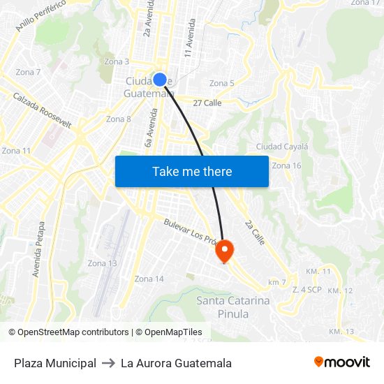 Plaza Municipal to La Aurora Guatemala map