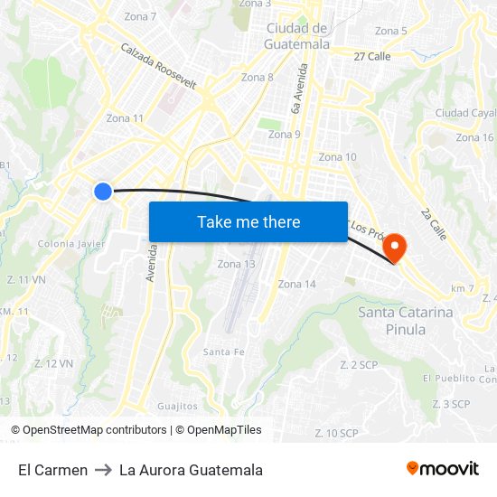 El Carmen to La Aurora Guatemala map