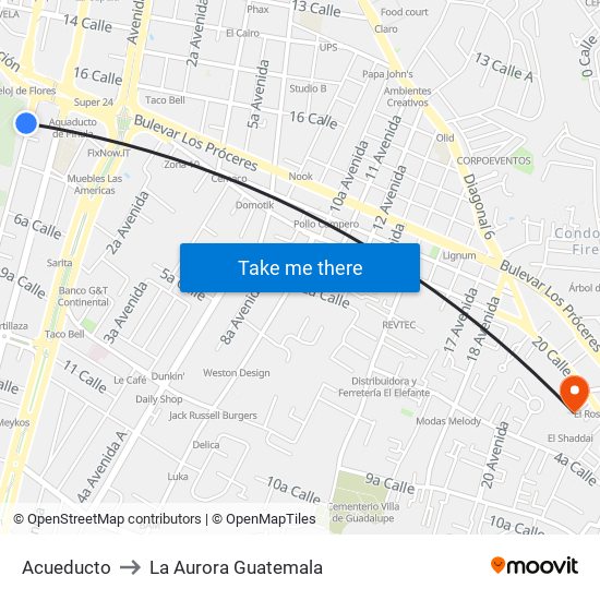 Acueducto to La Aurora Guatemala map