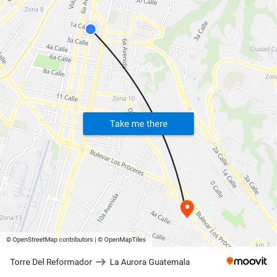 Torre Del Reformador to La Aurora Guatemala map