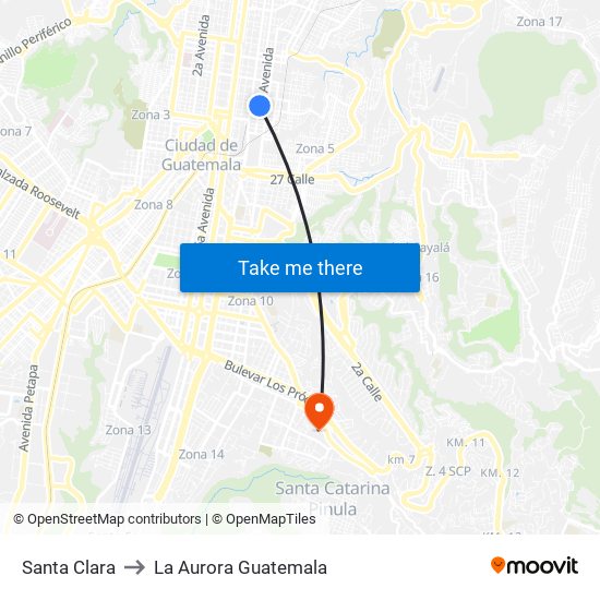 Santa Clara to La Aurora Guatemala map