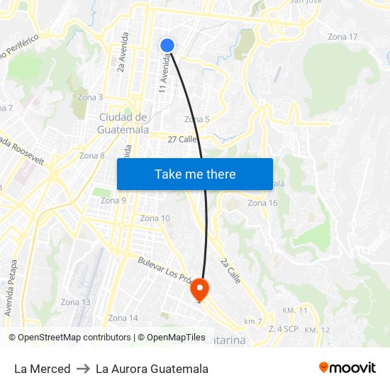 La Merced to La Aurora Guatemala map