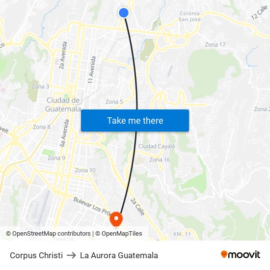 Corpus Christi to La Aurora Guatemala map