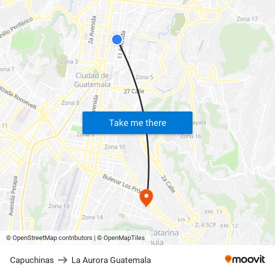 Capuchinas to La Aurora Guatemala map