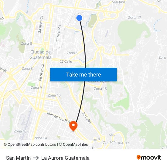 San Martín to La Aurora Guatemala map