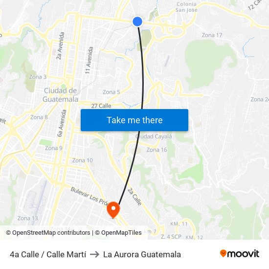 4a Calle / Calle Martí to La Aurora Guatemala map