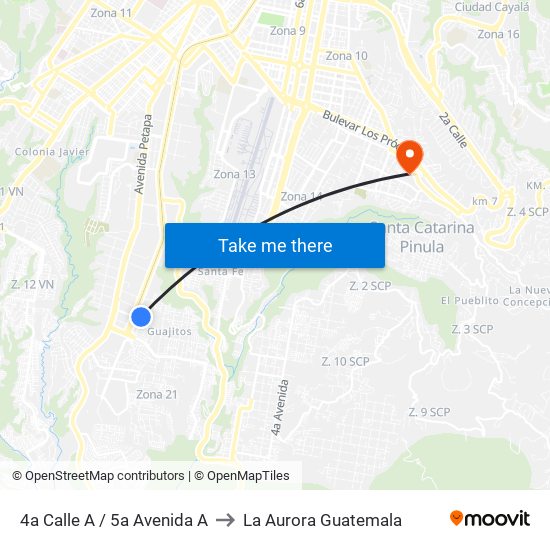4a Calle A / 5a Avenida A to La Aurora Guatemala map