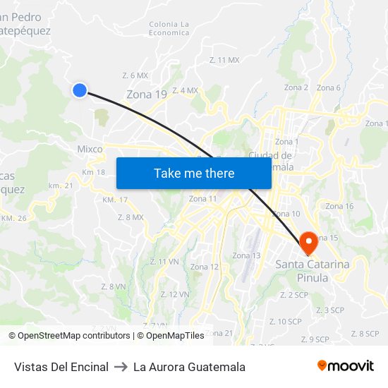 Vistas Del Encinal to La Aurora Guatemala map