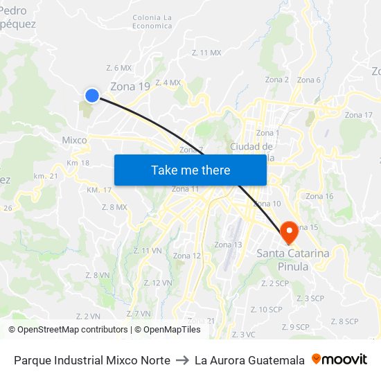 Parque Industrial Mixco Norte to La Aurora Guatemala map