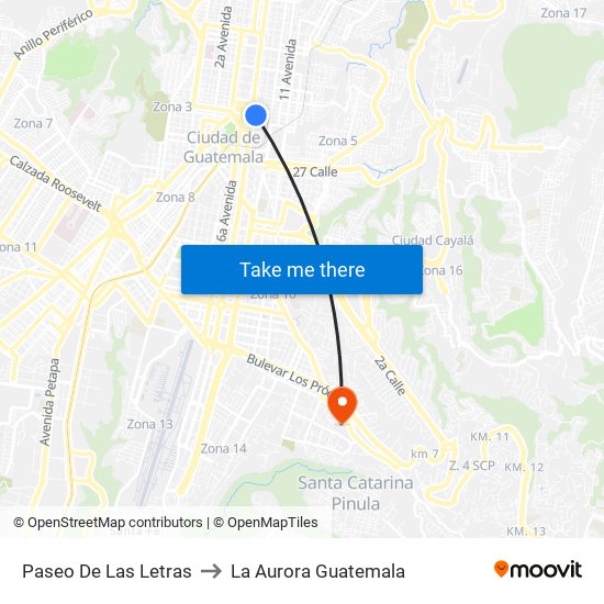 Paseo De Las Letras to La Aurora Guatemala map