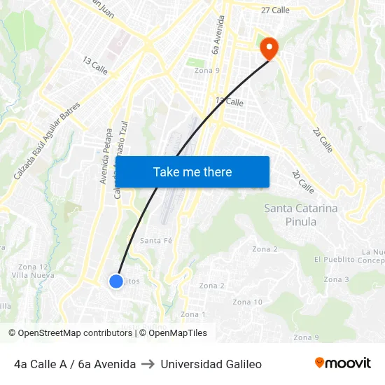 4a Calle A / 6a Avenida to Universidad Galileo map