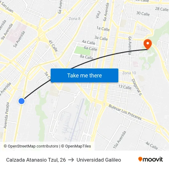Calzada Atanasio Tzul, 26 to Universidad Galileo map