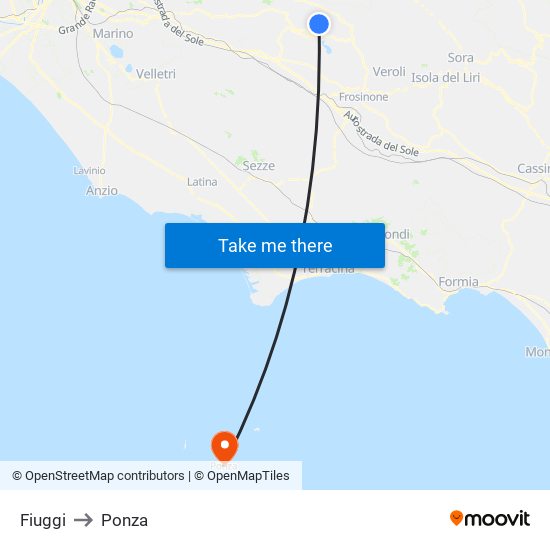 Fiuggi to Ponza map