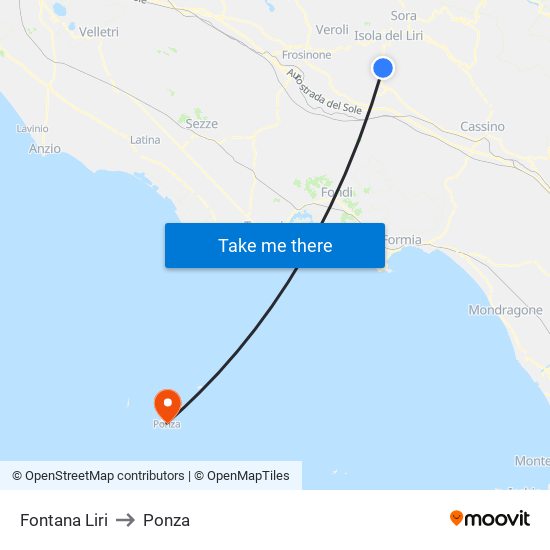 Fontana Liri to Ponza map