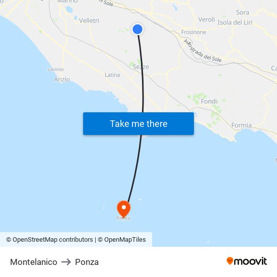 Montelanico to Ponza map