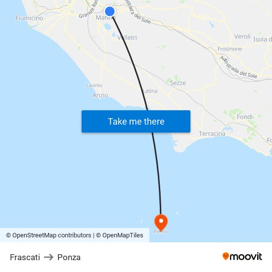 Frascati to Ponza map