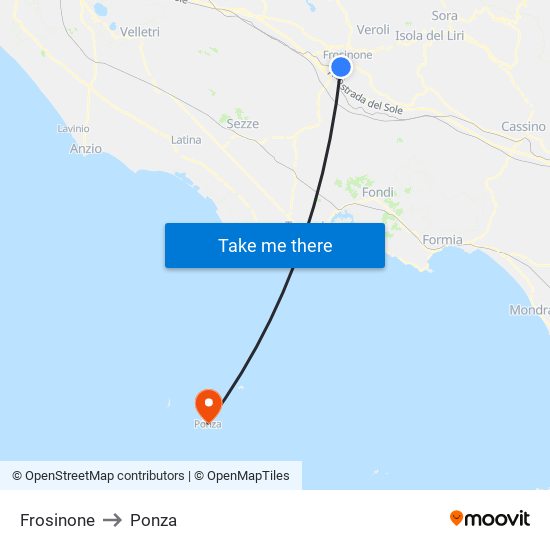 Frosinone to Ponza map