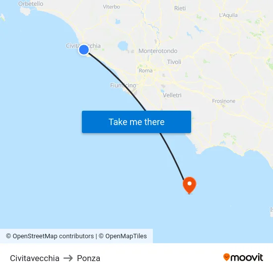 Civitavecchia to Ponza map
