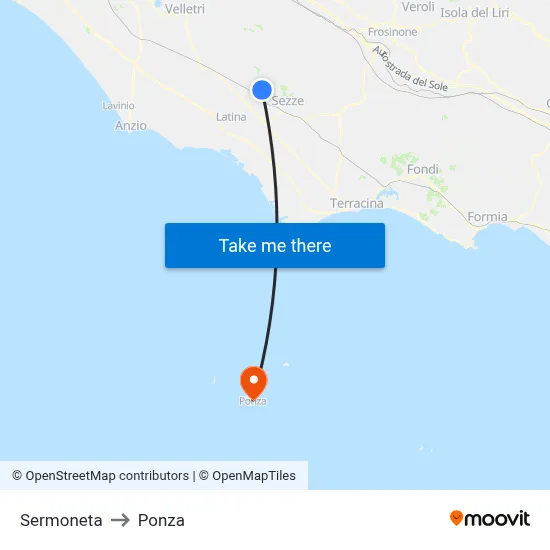 Sermoneta to Ponza map