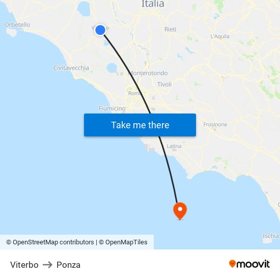 Viterbo to Ponza map