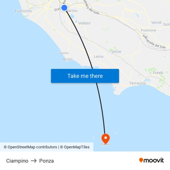 Ciampino to Ponza map