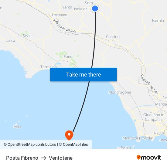 Posta Fibreno to Ventotene map