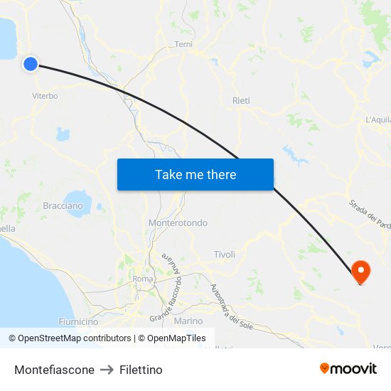 Montefiascone to Filettino map