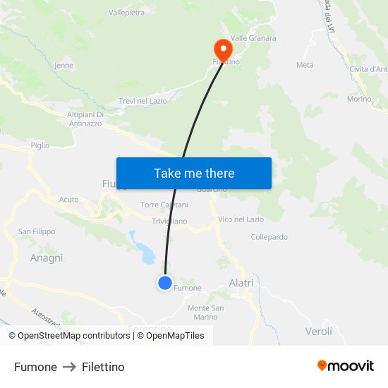 Fumone to Filettino map